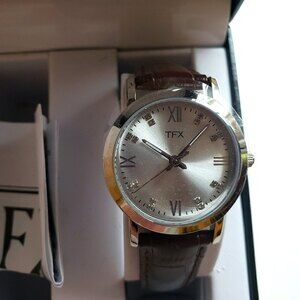 TFX by Bulova Ladies Casual Watch Silver Face Brown Adjustable Leather Strap NEW